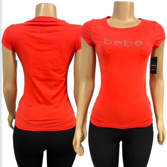 Bebe Basic Rhinestone Embellished bebe logo short sleeve Tee Coral Xsmall - Picture 1 of 8